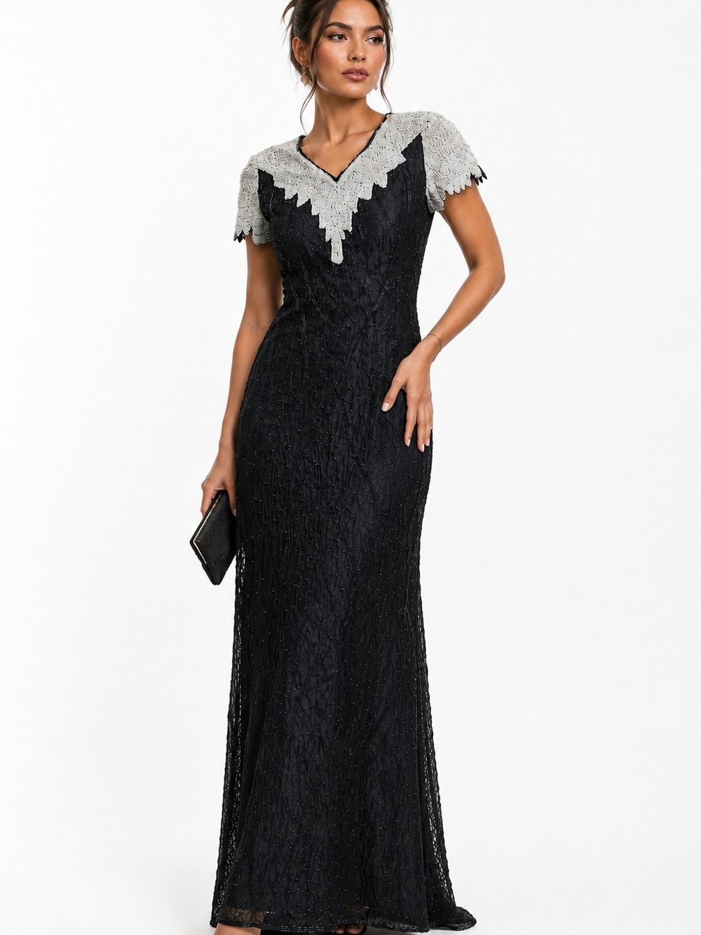 Laurence Kazar Black Gown with Silver Lace Yoke